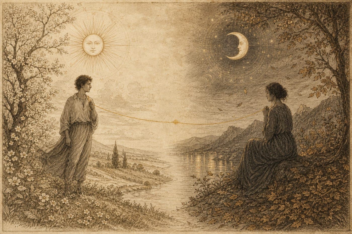 Sepia etching of a man under a spring sun and a woman under an autumn moon, linked by a soft gold recognition thread across seasons