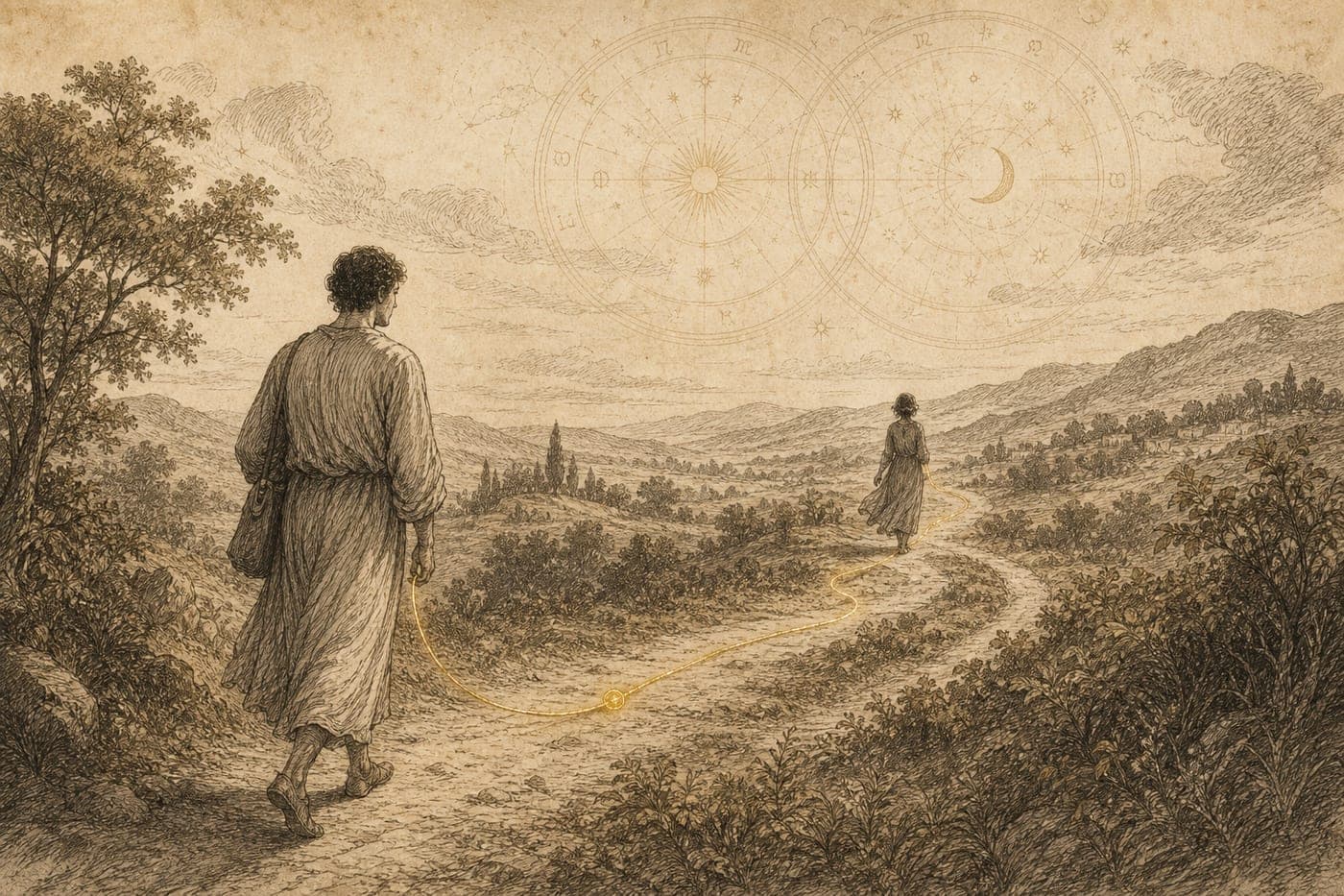 Sepia etching of a woman walking ahead on a country path and a man following, linked by a thin gold fate thread with faint synastry chart rings in the sky