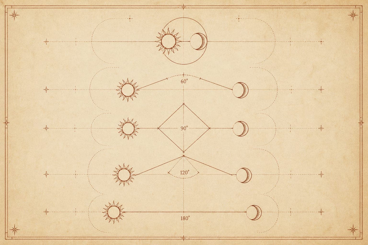 Manuscript-style diagram of Sun and Moon with five geometric synastry aspect lines