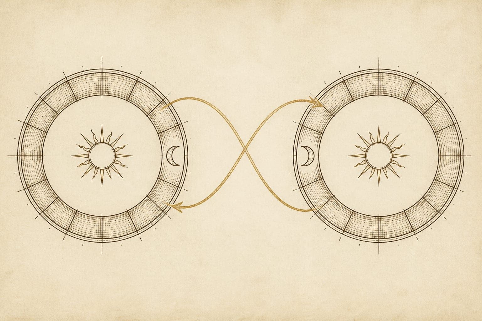 Two synastry chart rings with mutual Sun-to-Moon arrows forming a double whammy loop