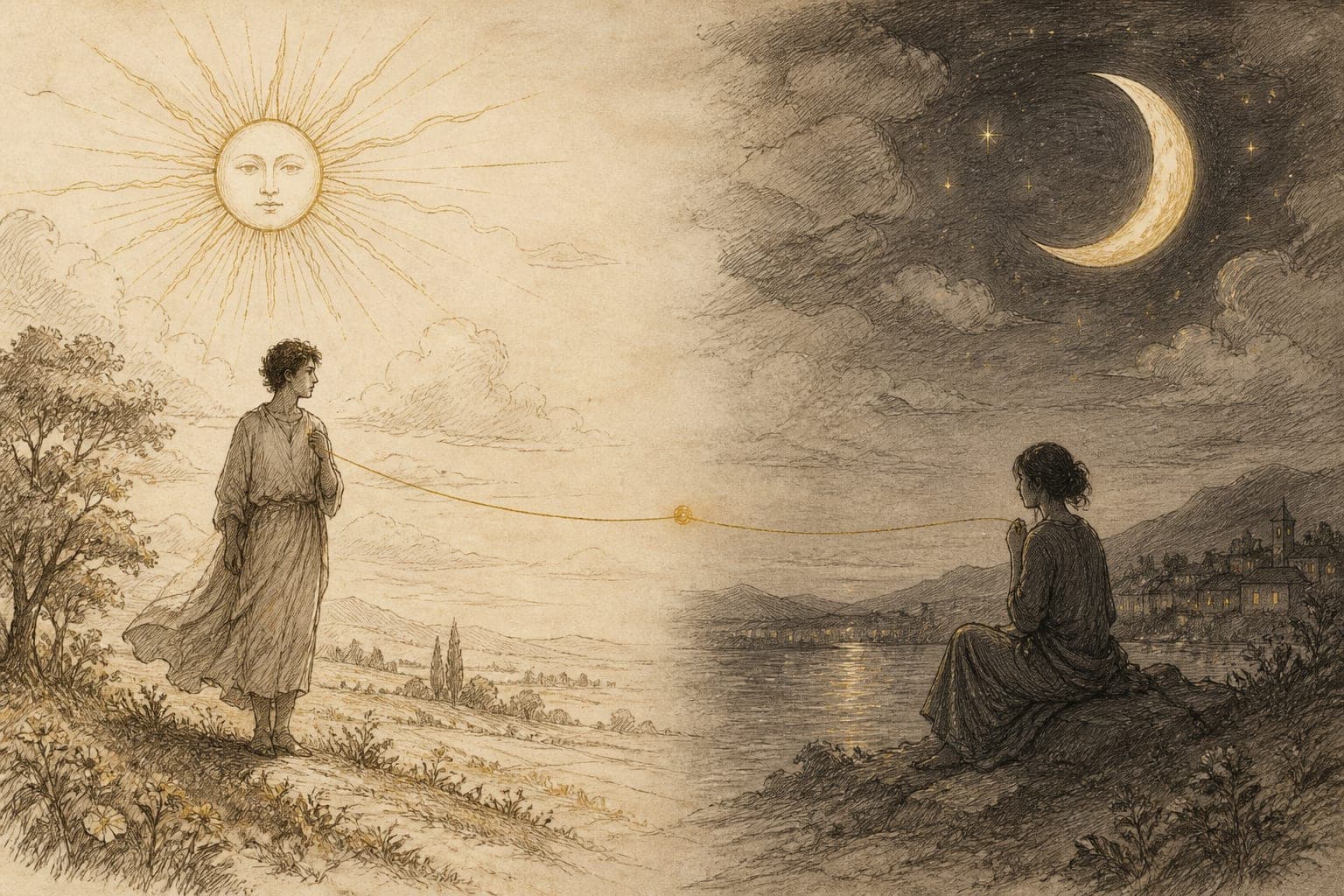 Day-and-night sketch: one figure under the Sun, another under the Moon, linked by a thin recognition thread