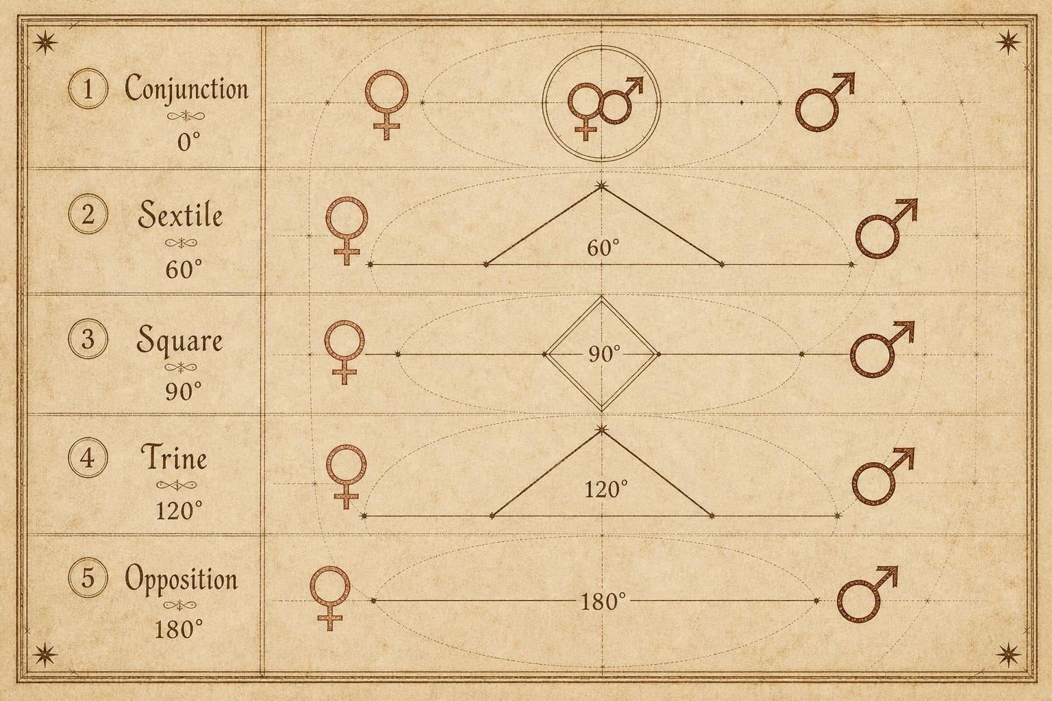 Manuscript-style diagram of Venus and Mars with five geometric synastry aspect lines