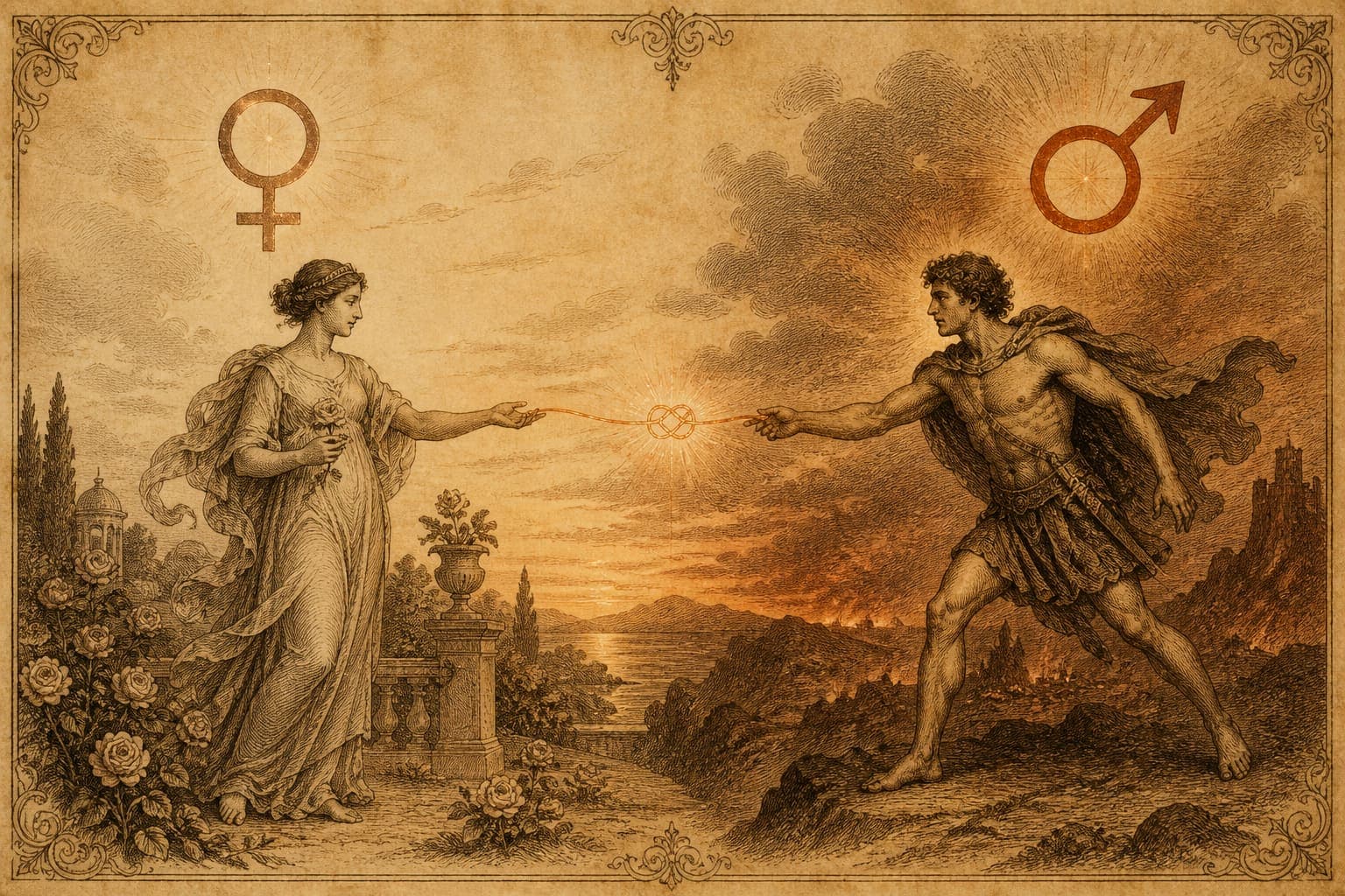 Manuscript sketch: Venus affection and Mars desire linked by a copper thread of chemistry