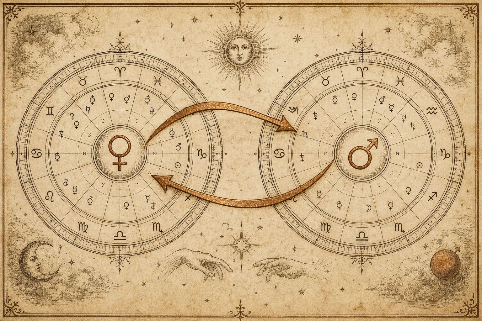 Two synastry chart rings with mutual Venus-to-Mars arrows forming a double whammy loop